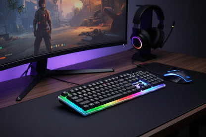Gaming Keyboard and Mouse Combo, LED Rainbow Backlit Keyboard with 104 Key Computer PC Gaming Keyboard for Pc/Laptop (Black)